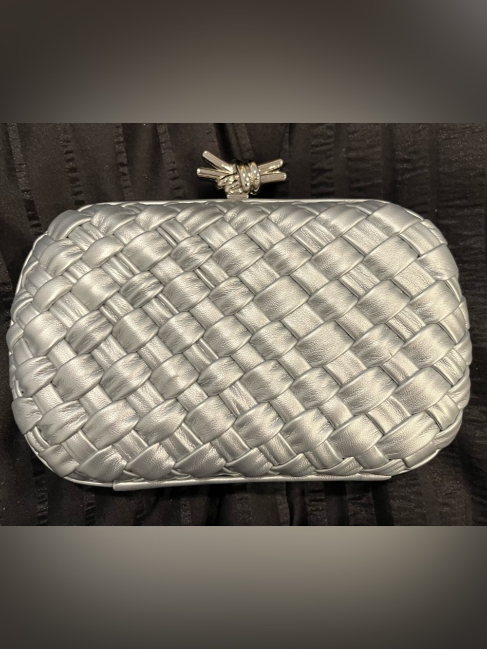 NWOT Silver Woven Top Knot Clasp Evening Clutch w/ metal chain designer inspired